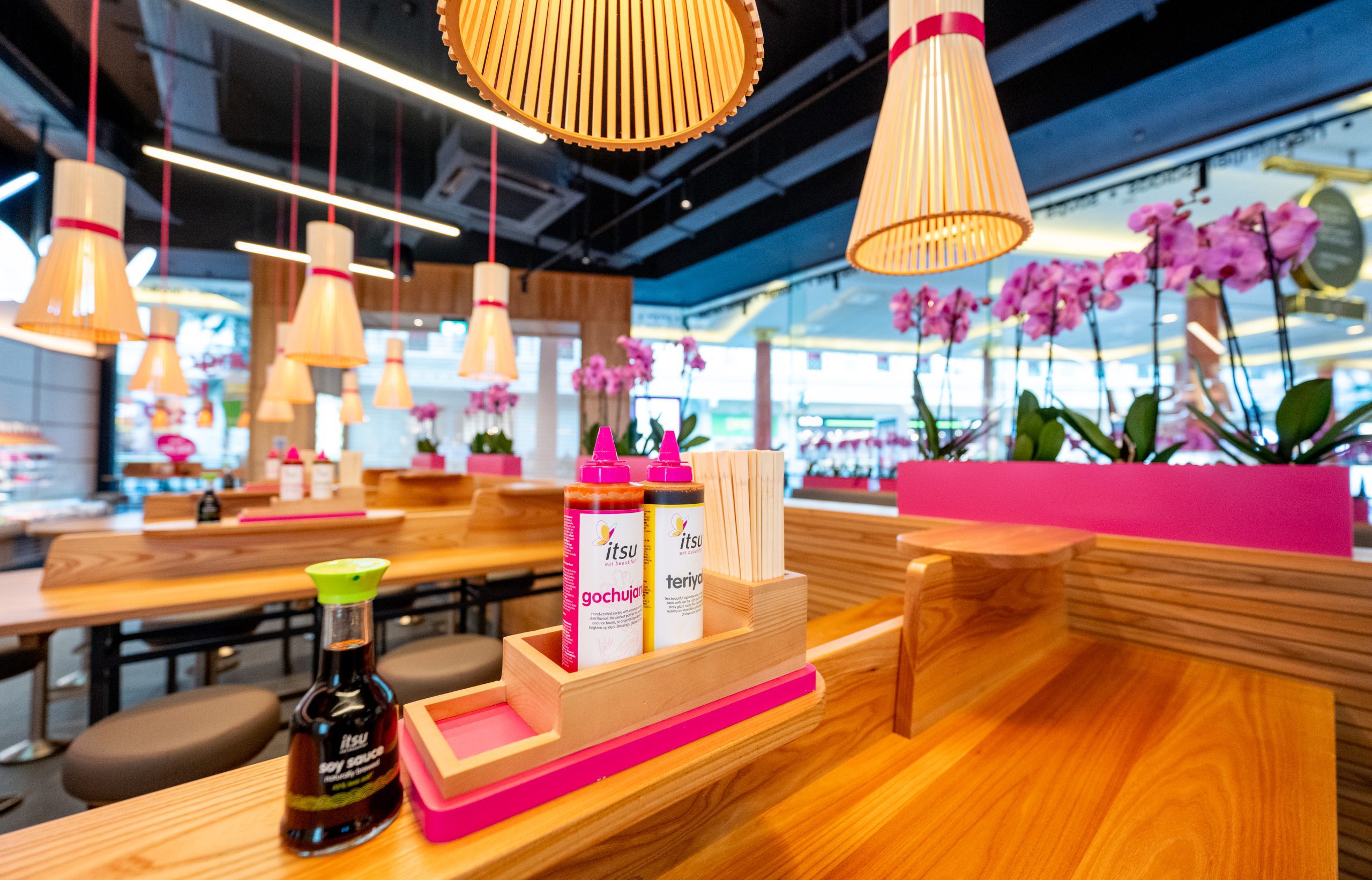 itsu table set with branded sauces